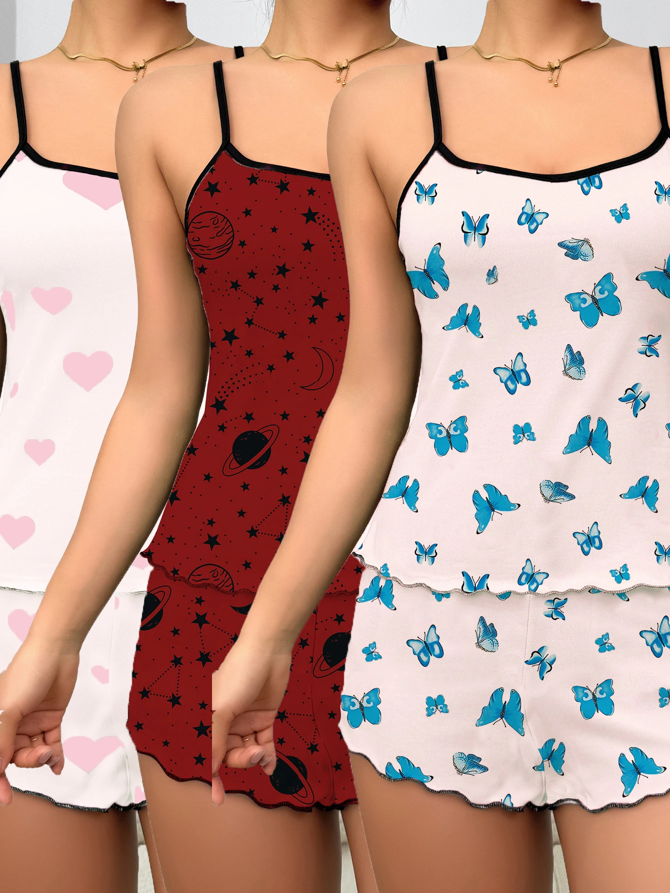 

Новый стильный женский пижамный комплект из шести предметов с принтами в форме сердца, топ с лямкой на шее и шорты с узором звездного неба, повседневная бабочка и