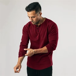 Men's Button Long Sleeve New T-Shirt Men Casual Solid Color Slim Fit Classic T Shirts Streetwear High Quality