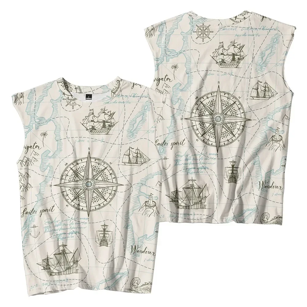 Nautical Anchor Graphic Tank Top Mens Vests Retro Map Printed Sleeveless Vintage Summer Holiday Tops Bodybuilding Casual Shirt