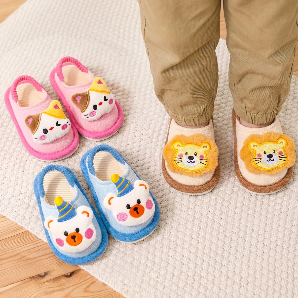 Toddler Kids Cartoon Animal Slippers Cloth Fabric Closed Toe Baby Slippers Soft Anti Slip Indoor Home Floor Cute Winter Shoes