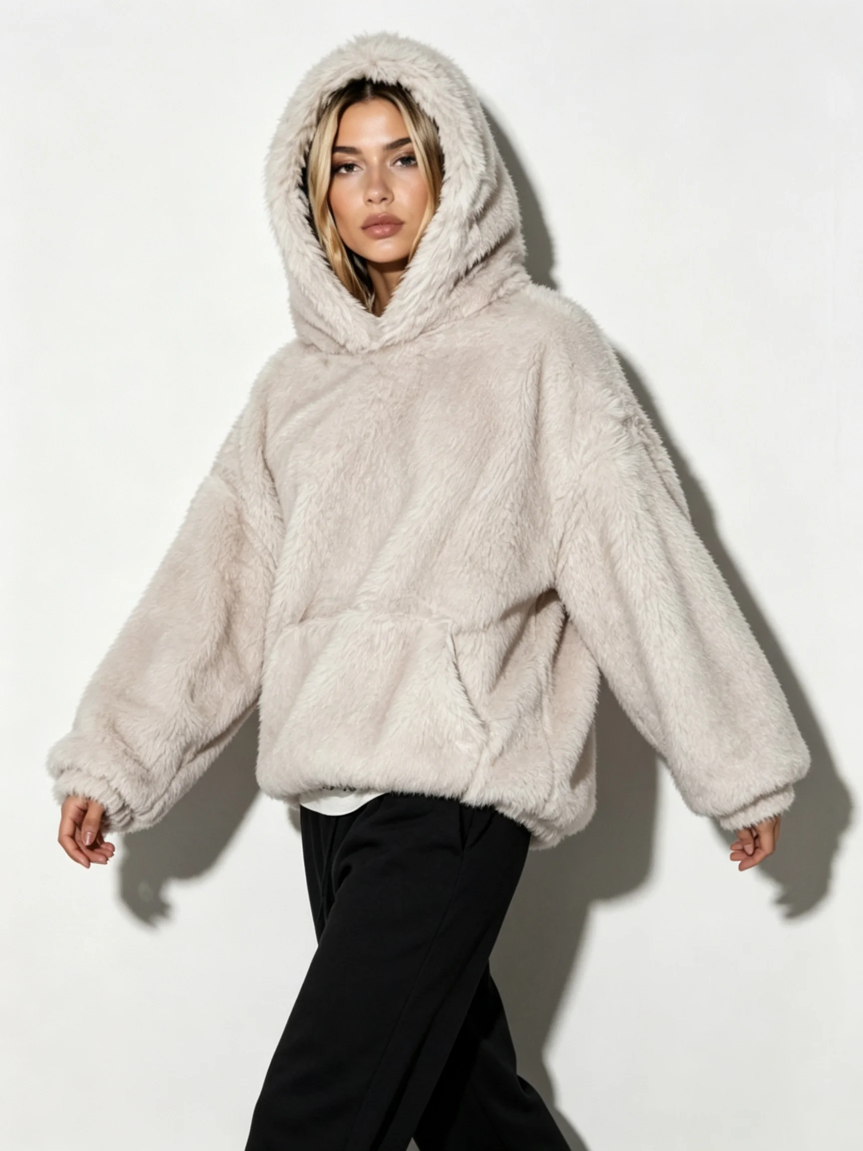 RU Women Fluffy Faux Fur Hoodie Loose Long Sleeve Kangaroo Pocket Sweatshirt