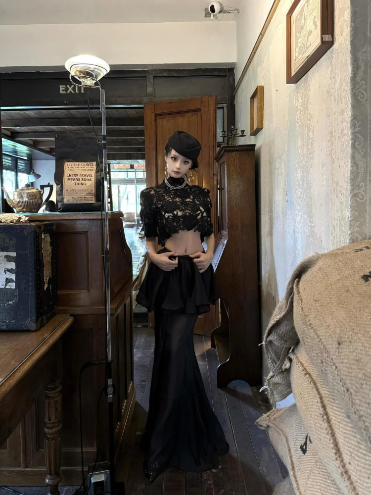 القوطية الأسود الدانتيل قطعتين مجموعة المرأة خمر شير الجوف خارج أعلى عالية الخصر تنورة طويلة الظلام أنيقة حزب الرجعية وتتسابق 2025