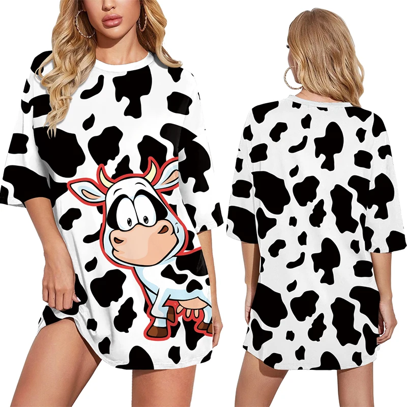 Loose Women T-Shirt Long Tops Spring Summer Short Sleeved Tees Animal Cow Pattern Streetwear Funny Outfit Female Clothing