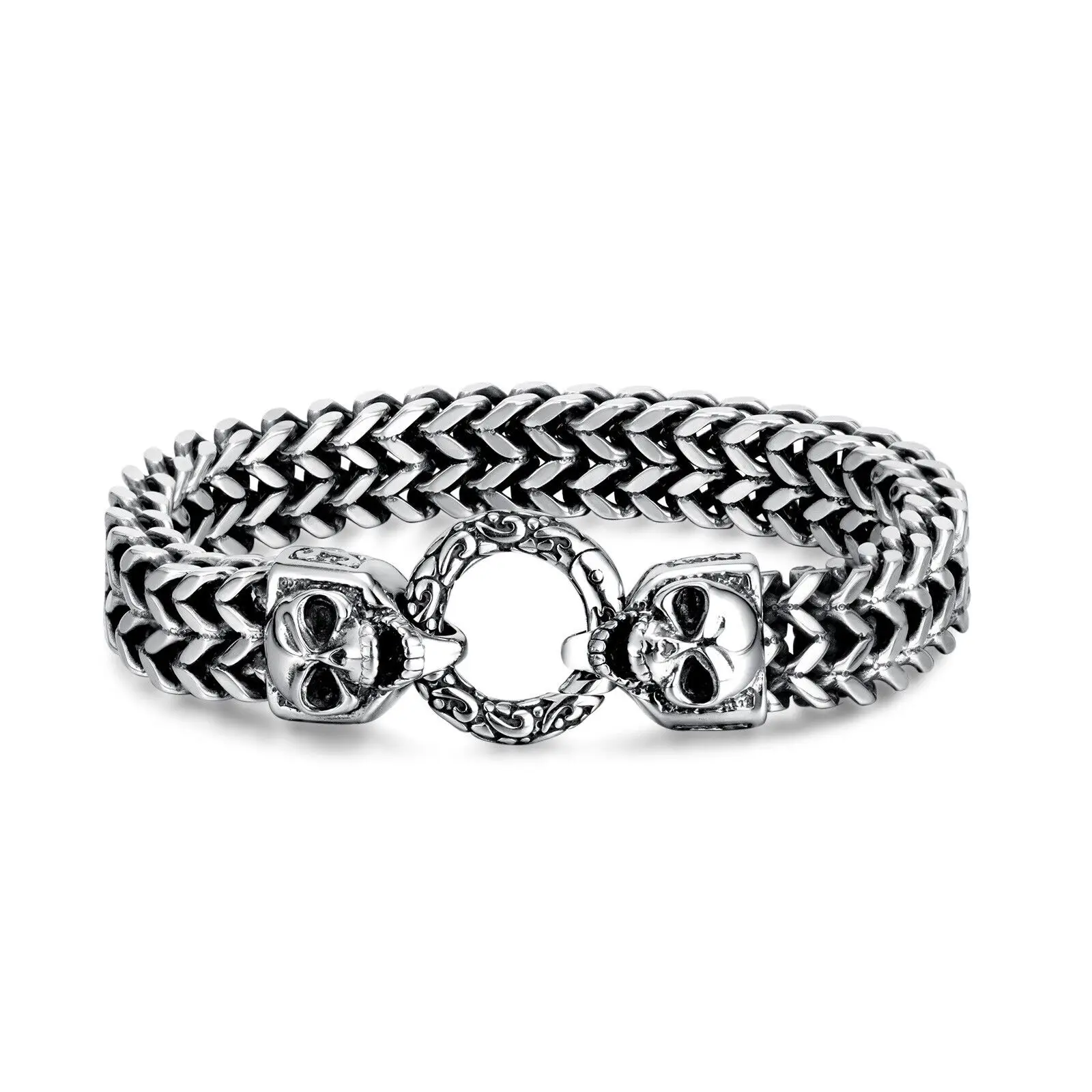 

12mm Men's Hiphop 22cm Stainless Steel 2 Skull Snake Chain Link Bracelet