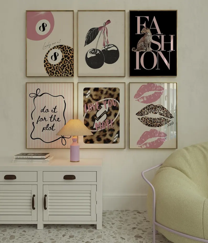 6 Stück/Set Pink Cheetah Animal Lucky Nr. 8-Kugel-Leinwanddruck, Y2k-Kirschmädchen-Zitat, Wandkunst, Poster für Valentinstag, Heimdekoration