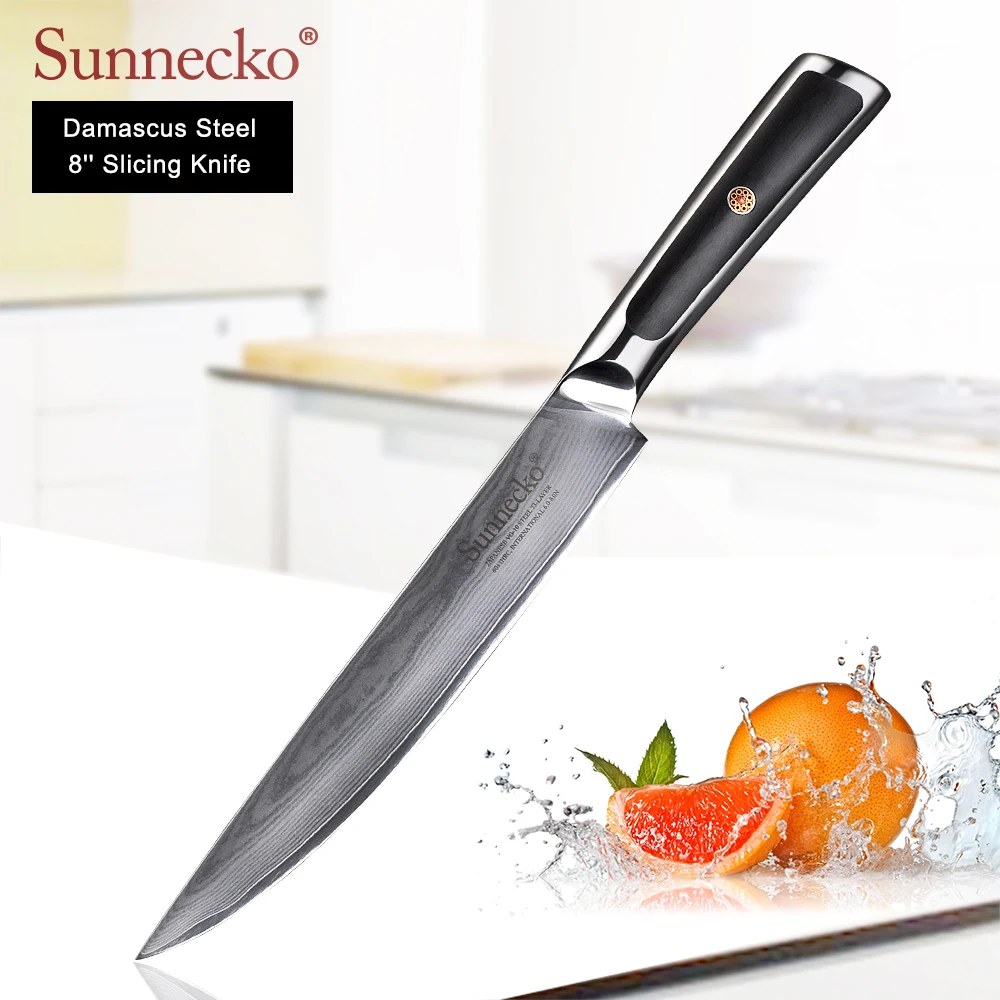 SUNNECKO 8 inch Slicing Knife Damascus Steel Kitchen Knives Japanese VG10 Core Blade G10 Handle Sharp Meat Cutter Chef's Knife