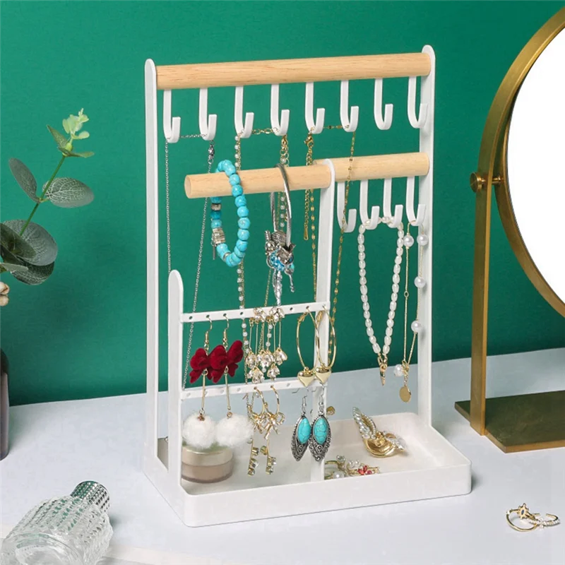 Jewelry Organizer Stand Necklace Holder, Jewelry Tower Rack with Earring Tray and Holes, Necklaces Hanging Tree Display