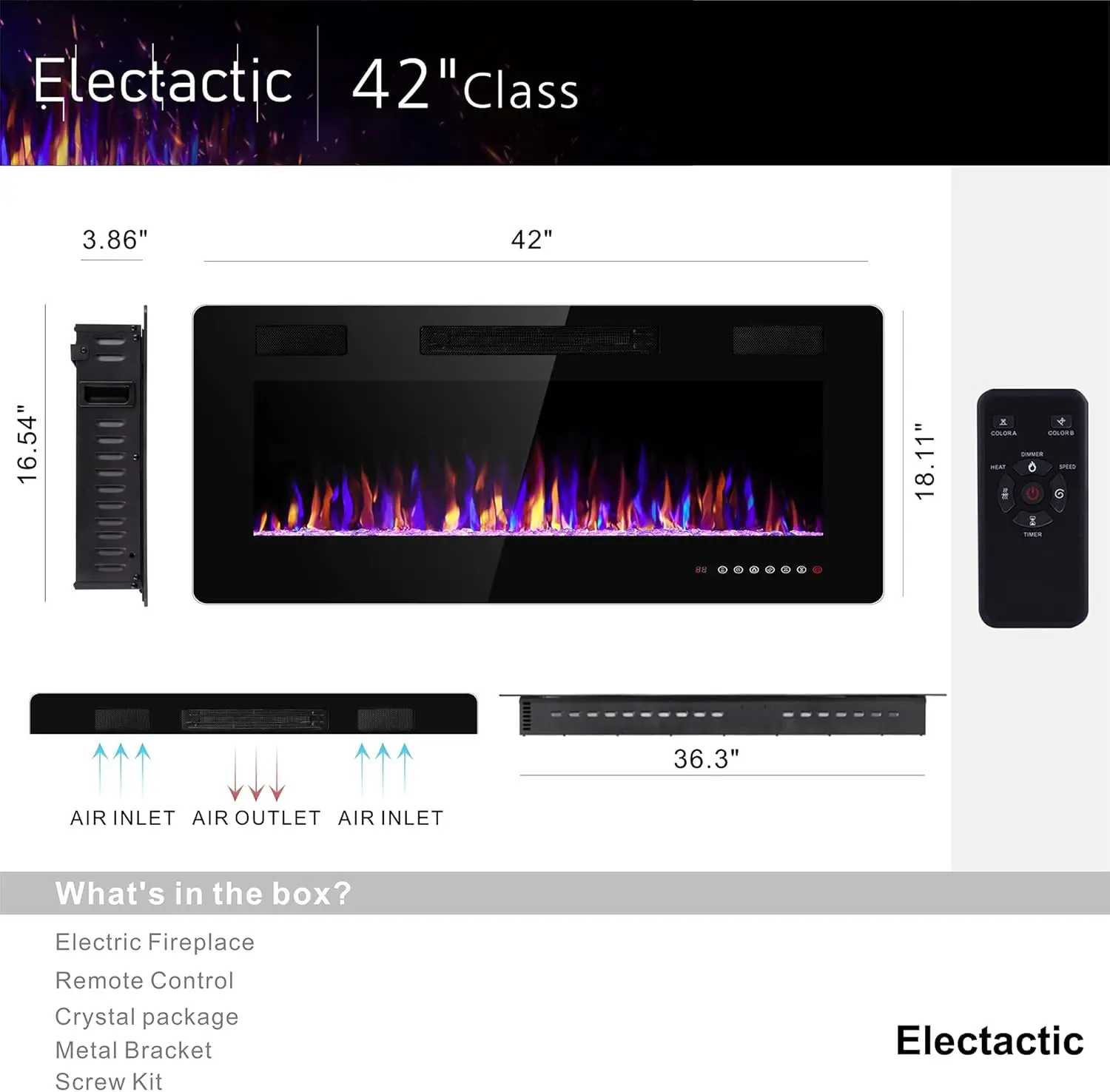 42 inches Electric Fireplace Recessed and Wall Mounted Fireplace Heater and Linear Fireplace with Timer Remote Control Black