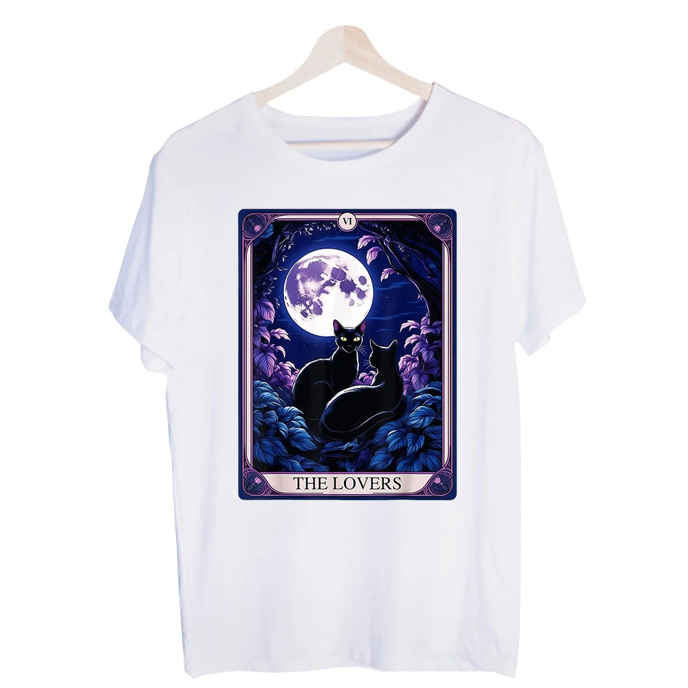 Men's Black Cat Tarot Card Graphic Tee, Short Sleeve Crew Neck T-Shirt for Casual Occasions and Everyday Wear