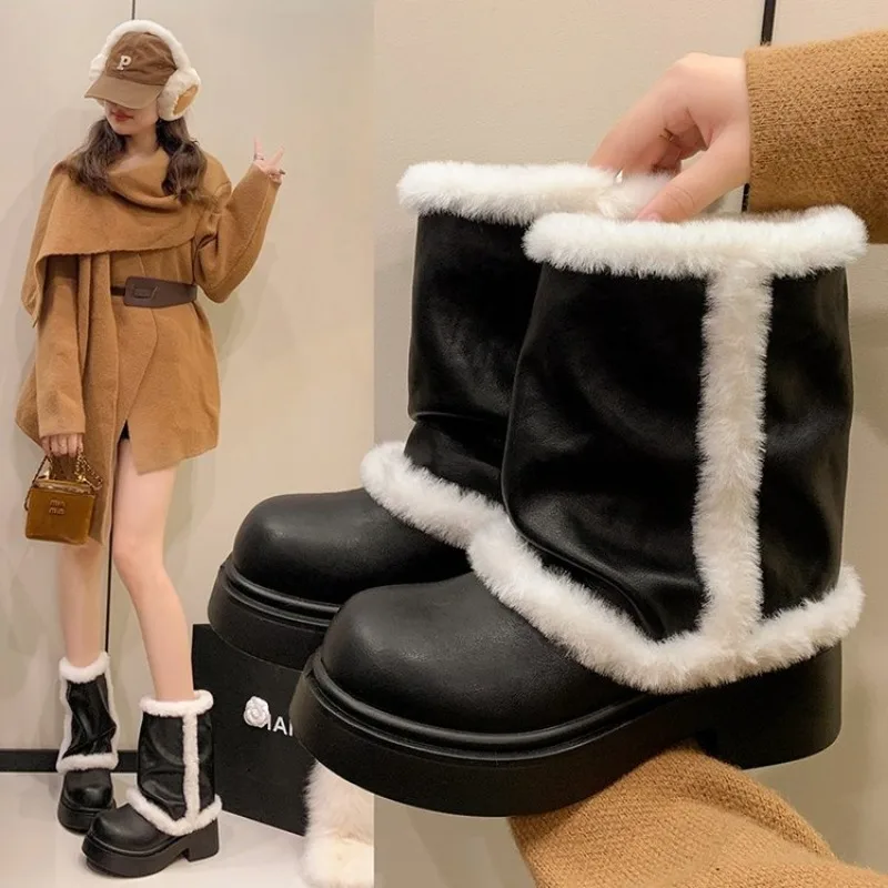 

Autumn Winter Belt Buckle Women Snow Boots Elegant Height Increase Shoes Ladies Outdoor Keep Warm Cotton Short Booties New 40