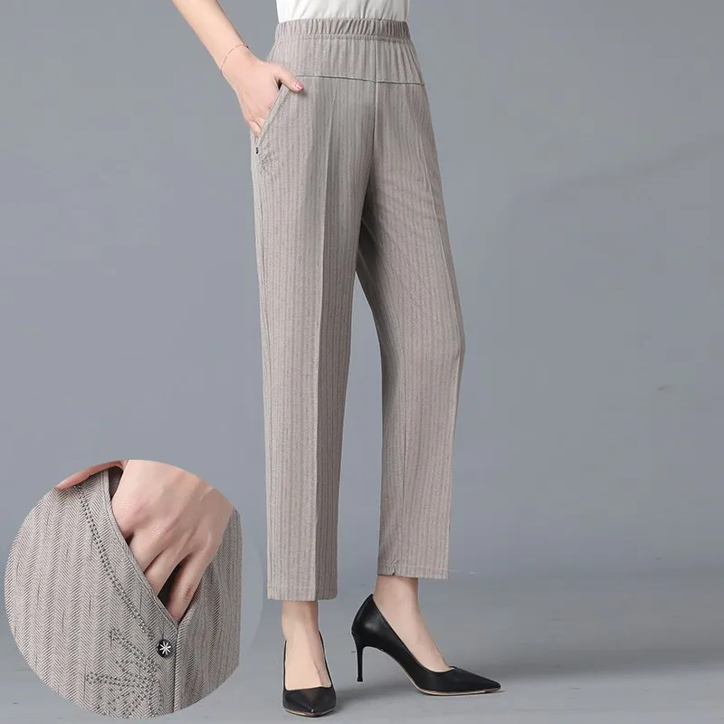 Women Casual Striped insert  Pants Spring Summer Korean New mother High Waist Elastic Loose Pockets Grey Pencil Trousers