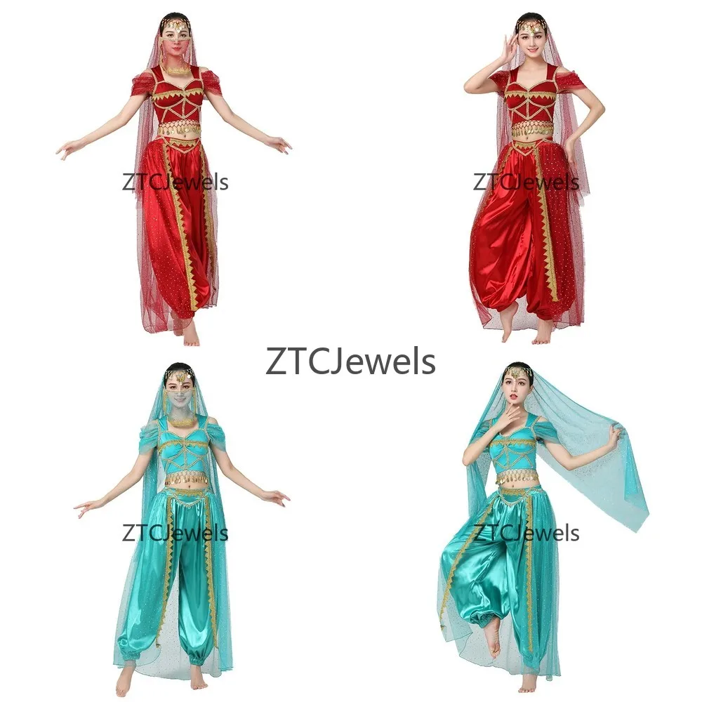 

Женский костюм принцессы Жасмин для косплея, комплект из 4 предметов, наряд для танца живота, сценический костюм для выступлений