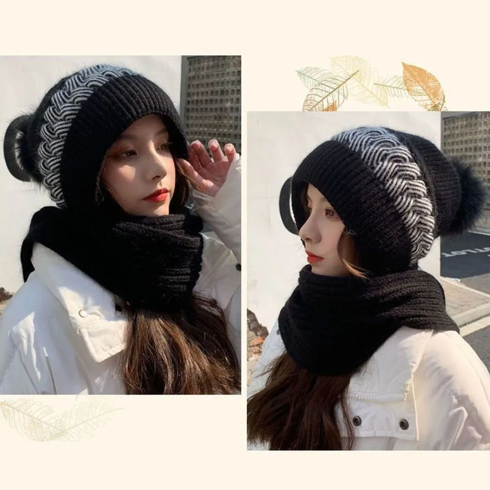 Conjunto de gorro y bufanda 2 en 1 coreano para mujer, gorro tejido con pelo de conejo cálido para invierno, protección para los oídos para ciclismo, gorro acolchado a prueba de frío para el cuello