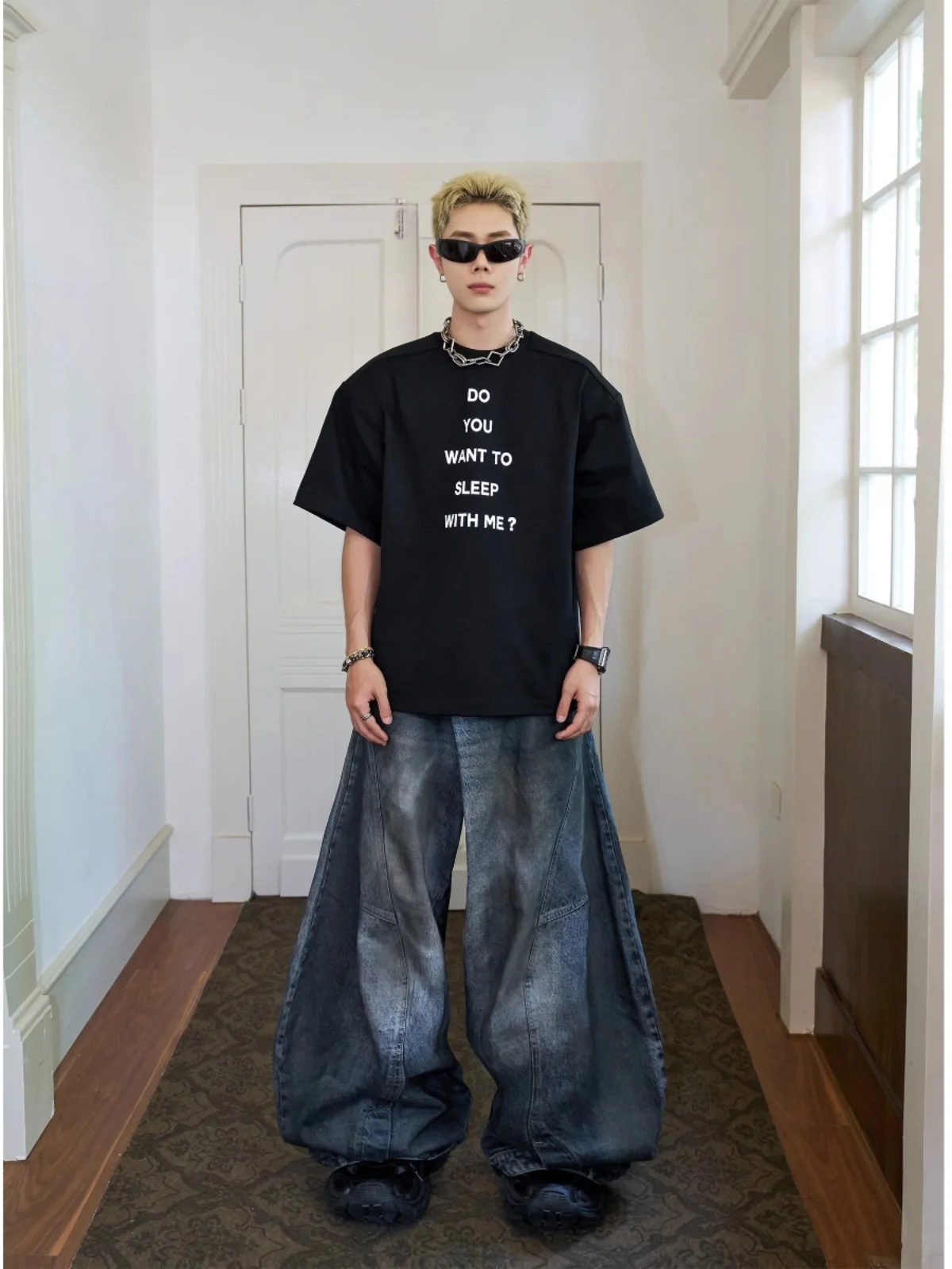 American Style Street Cleanfit Vintage Faded Color Men's Heavy Design Sense Waist Flip Wide Leg Jeans Casual Loose Fit Jeans