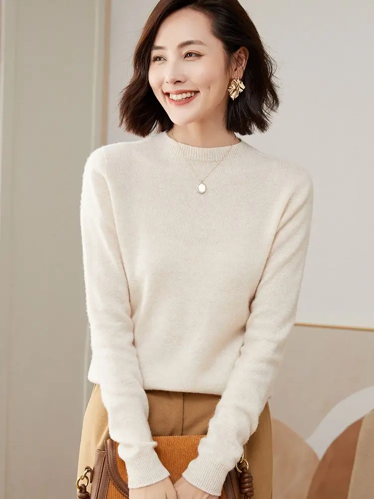 Addonee Autumn Winter Women O-Neck Sweater 100% Merino Wool Basic Bottoming Shirt Cashmere Knitted Pullover Female Clothing Tops