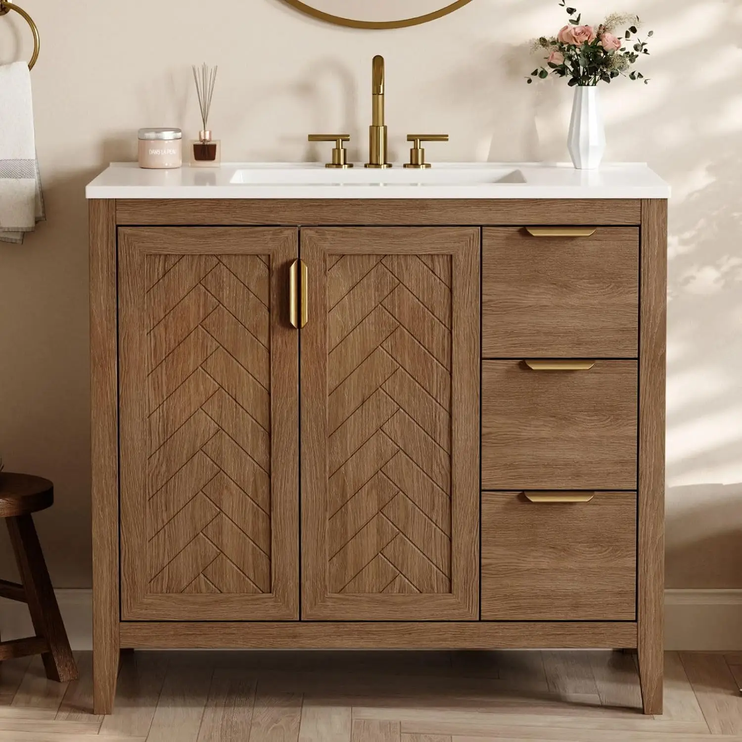 36 Inch Modern Bathroom Vanity with Sink, Brown, Customized