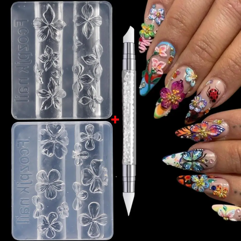 3/2 szt. Formy silikonowe 3D do zdobienia paznokci w kształcie kwiatów plumerii i lilii z 1 pisakiem do rzeźbienia, przezroczyste szablony do modelowania paznokci, hibiskus, akcesoria do paznokci DIY