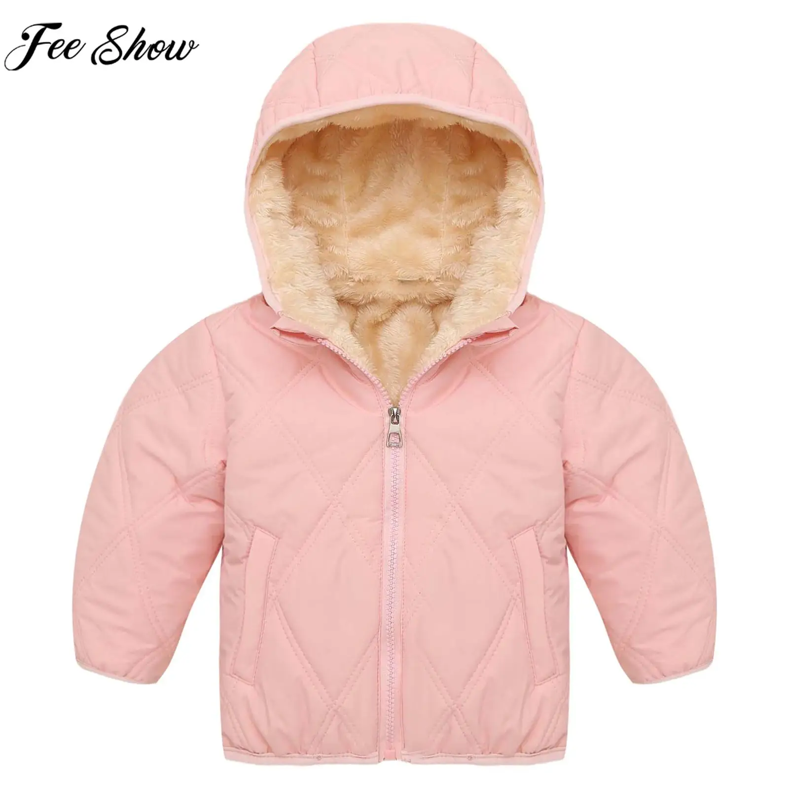 Kinder Winter Warme Fuzzy Jacke Schneeanzug Verdicken Thermo Kapuzenmantel Lange Ärmel Reißverschluss Baumwolle Casual Oberbekleidung für Den Täglichen Hause