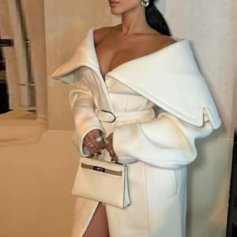 معطف نسائي طويل جديد لخريف 2025 بأكمام طويلة مع حزام وطية صدر السترة معطف صوفي ملابس خارجية نسائية #2