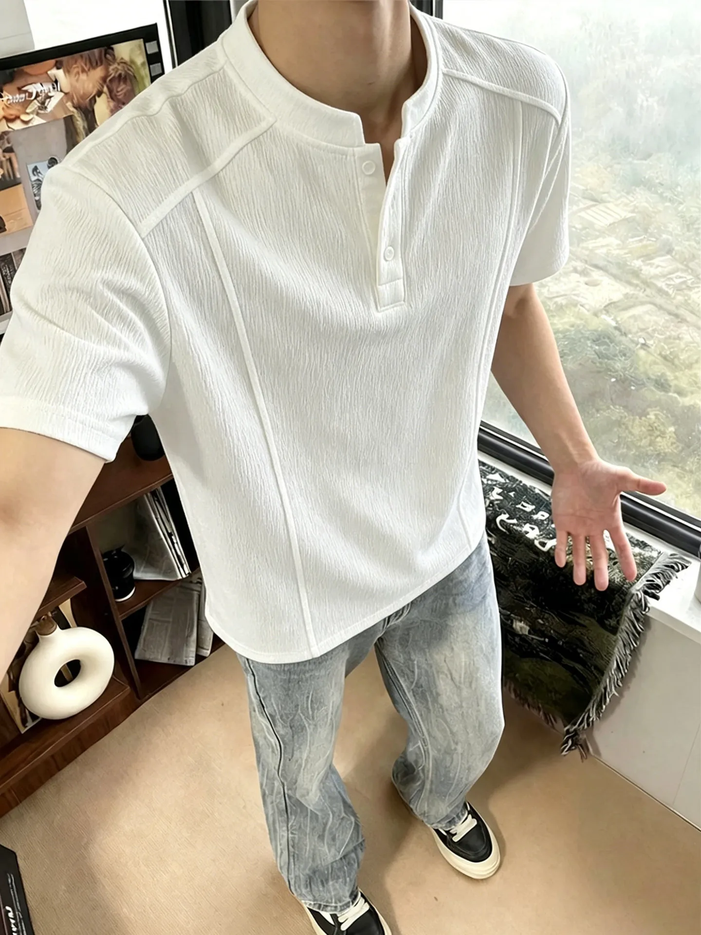 Folded Tree Bark Texture Henry Collar Short Sleeve  Shirt for Men Breathable Lightweight Summer Casual Style T-Shirt