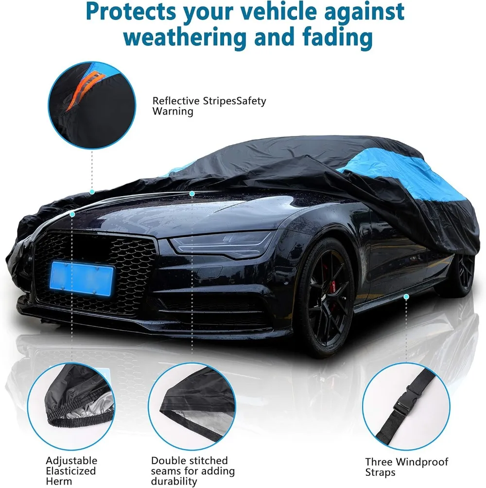 Universal Waterproof Car Cover for Sedan, All-Weather Protection with UV and Wind Resistance, Blue