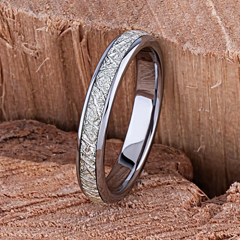 Trendy 4mm Men Stainless Steel Rings Vintage Silver Color Meteorites Inlay High Polished Rings For Men Wedding Band Jewelry Gift