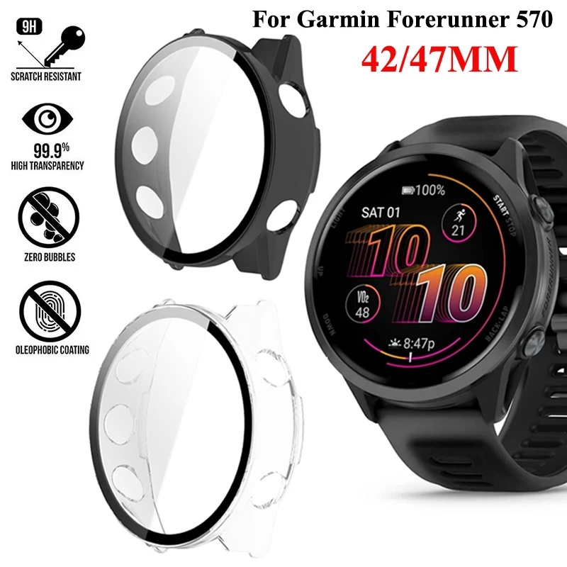 Gehärtetes Glas + PC-Gehäuse für Garmin Forerunner 570 47 mm, Displayschutzfolie, kratzfeste Abdeckung für Garmin Forerunner 570 42 mm 47 mm