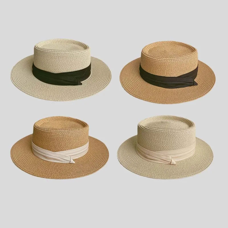 New Arrived Summer Flat Roof Straw Panama Hat French Style Vacation Wide Brim Sunshade Straw Hat Outdoor Sea Beach Women's Sun C