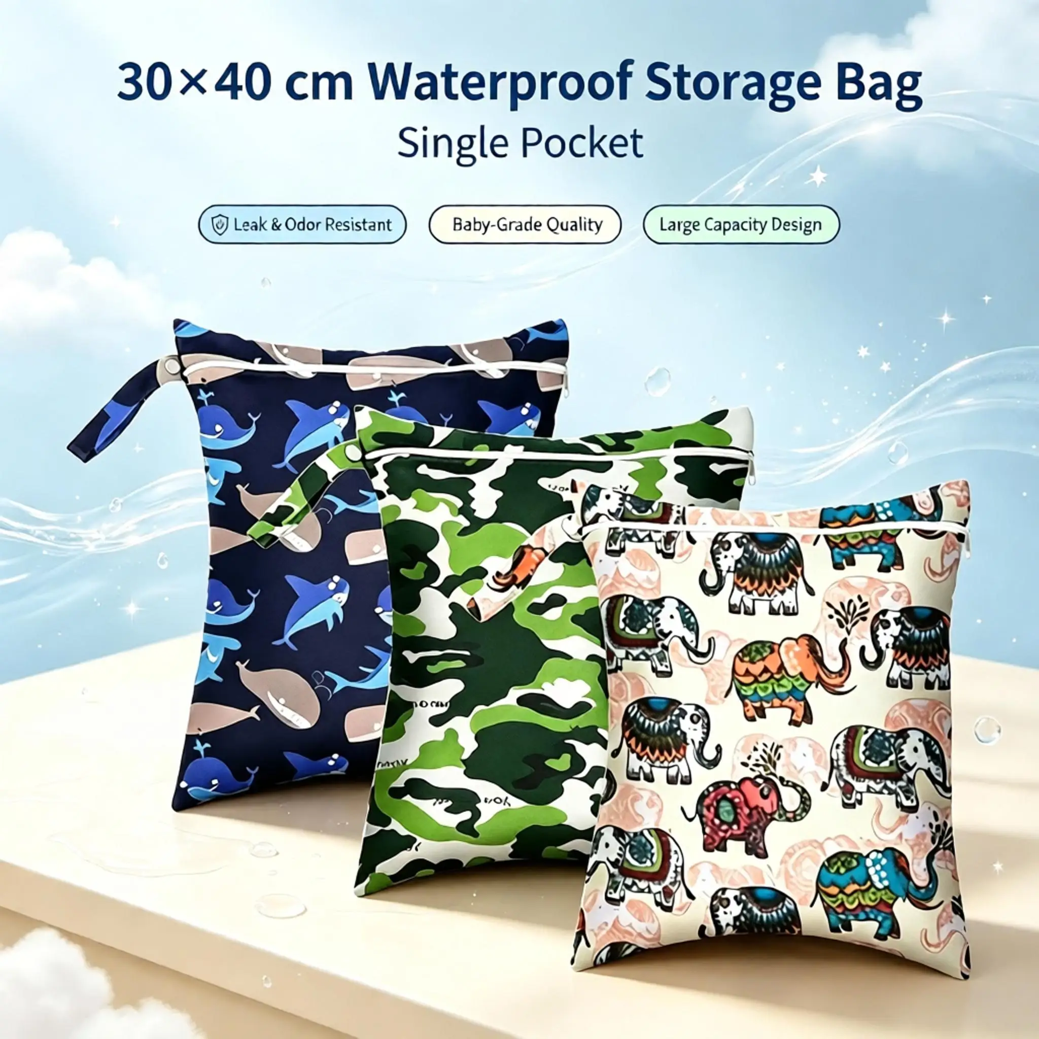30x40cm Waterproof Diaper Bag with Single Pocket Snap Button Handle And Zipper Portable Wet Dry Storage Bag for Mommy Gym Use