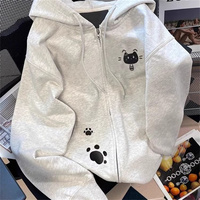 Spring And Autumn Thin Collection Fashion Trends Versatile Casual Lazy Wind 2025 New Cute Girl Zipper Fun Cat Print Hooded