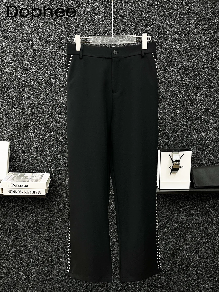 Boys 2024 Spring Autumn Personality Handsome Trendy Casual Wide Leg Pants High-end Diamond-encrusted Design Straight Suit Pants