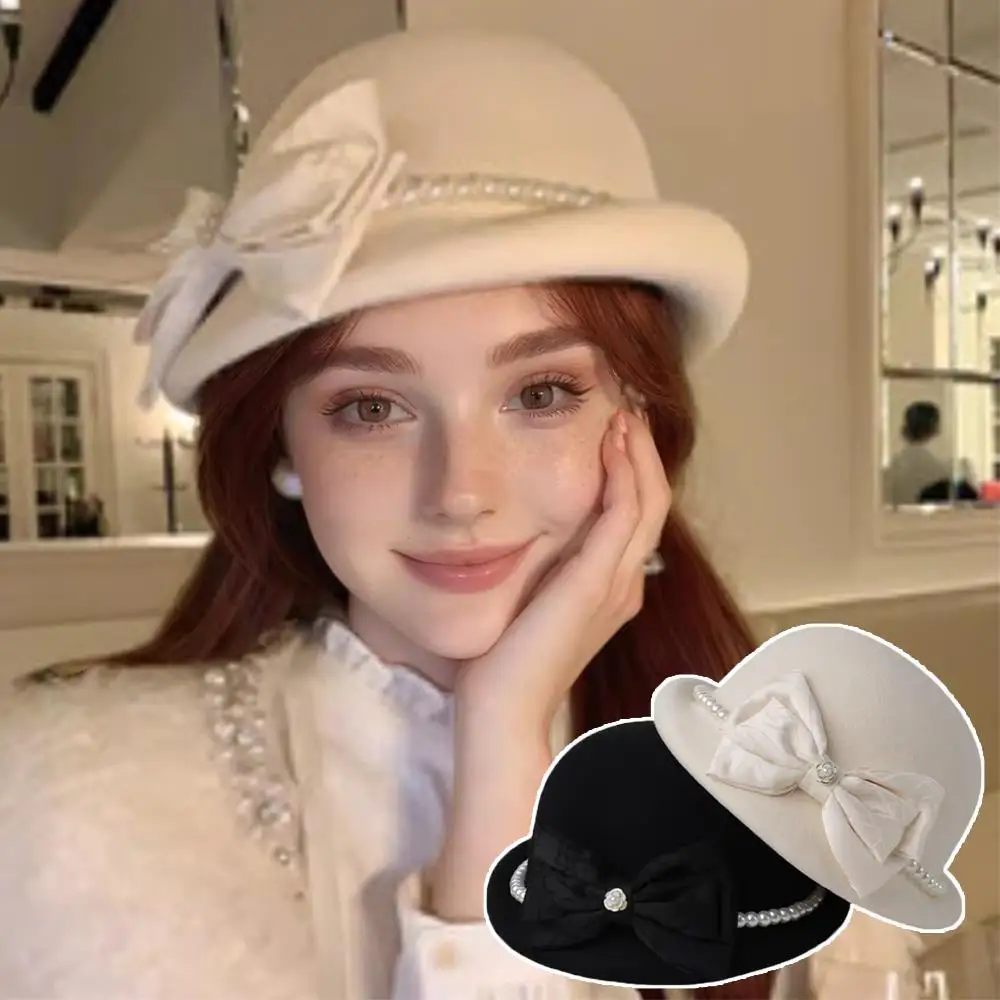 الرجعية القوس القوس اللؤلؤ الرامي قبعة موزع الصحف قبعات الصوف فيدوراس الشتاء أنيقة بسيطة المرأة موضة الدفء قبعة اللؤلؤ الموضة