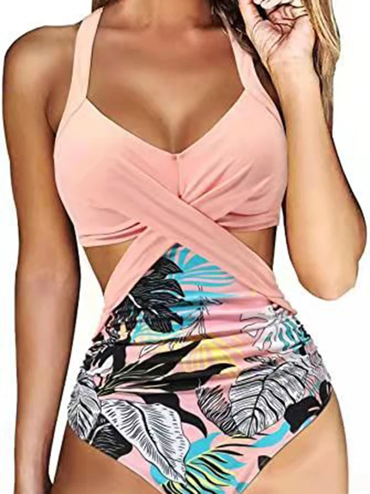 Printed Swimsuit Women Neck-mounted Bodysuit Show Waist Cross Biquinis Summer Holiday Sexy One-Piece Swimwear 2026 New