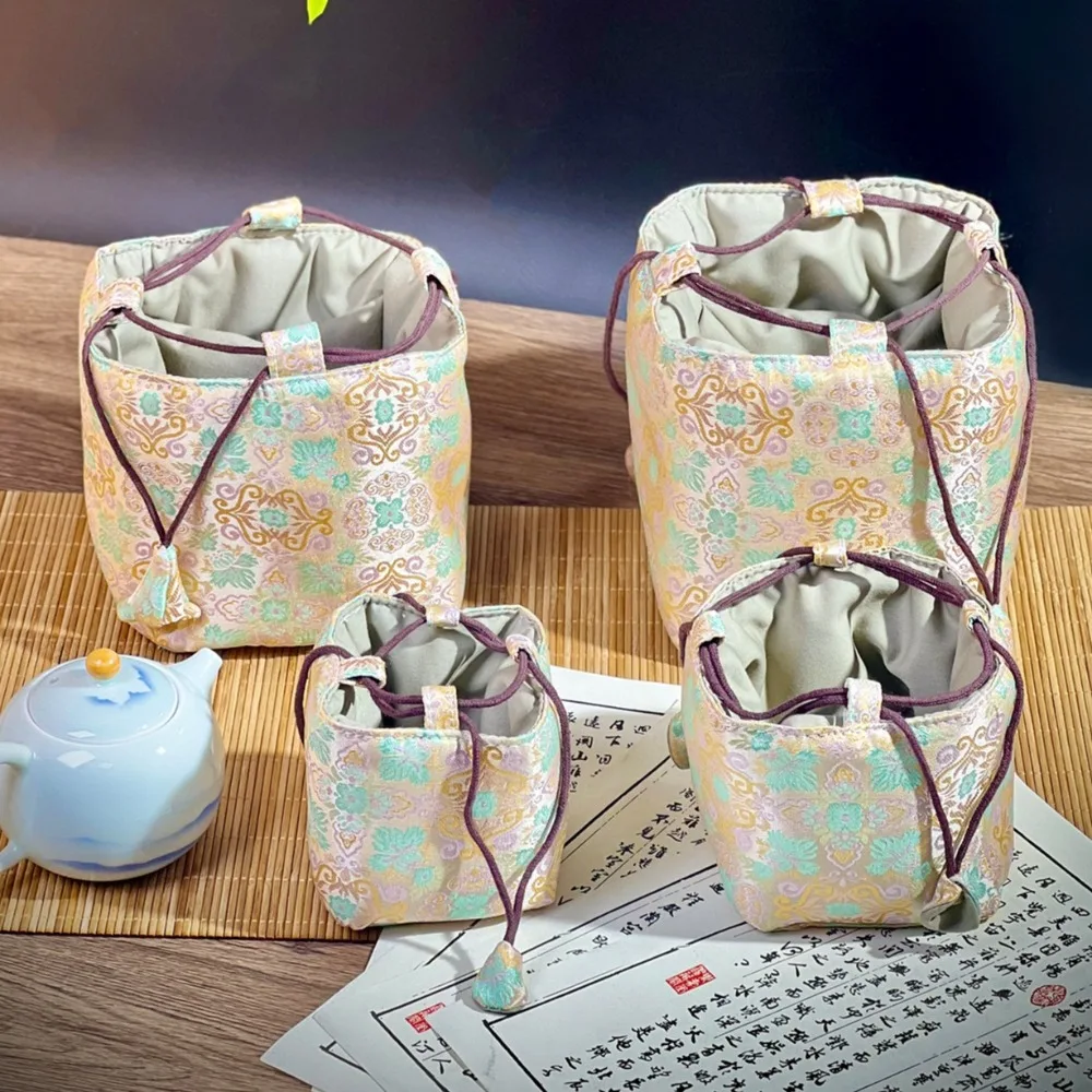 Chinese Style Tea Set Organizer Bag Embroidered Tea Ceremony Accessories Brocade Bag Breakage-proof Multifunctional