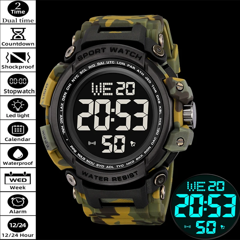 

Бренд Skmei, спортивные часы на открытом воздухе для мужчин, цифровые светодиодные водонепроницаемые наручные часы с двойным временем, модный будильник с большим циферблатом, мужской
