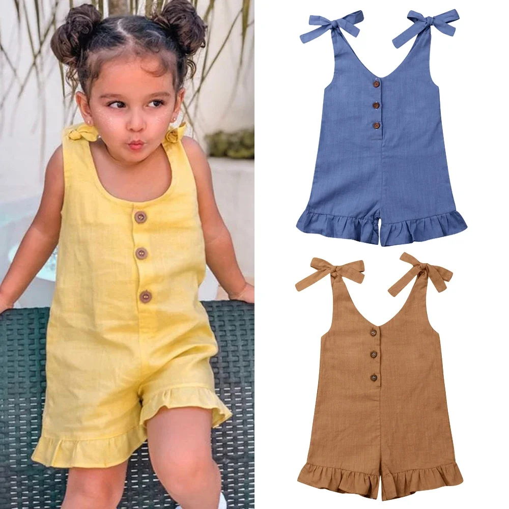 Baby Clothes 1-6Y New Baby Girl Cotton Linen Clothes Girls Ruffle Romper Kids Jumpsuit Summer Sleeveless Button Overalls Outfits