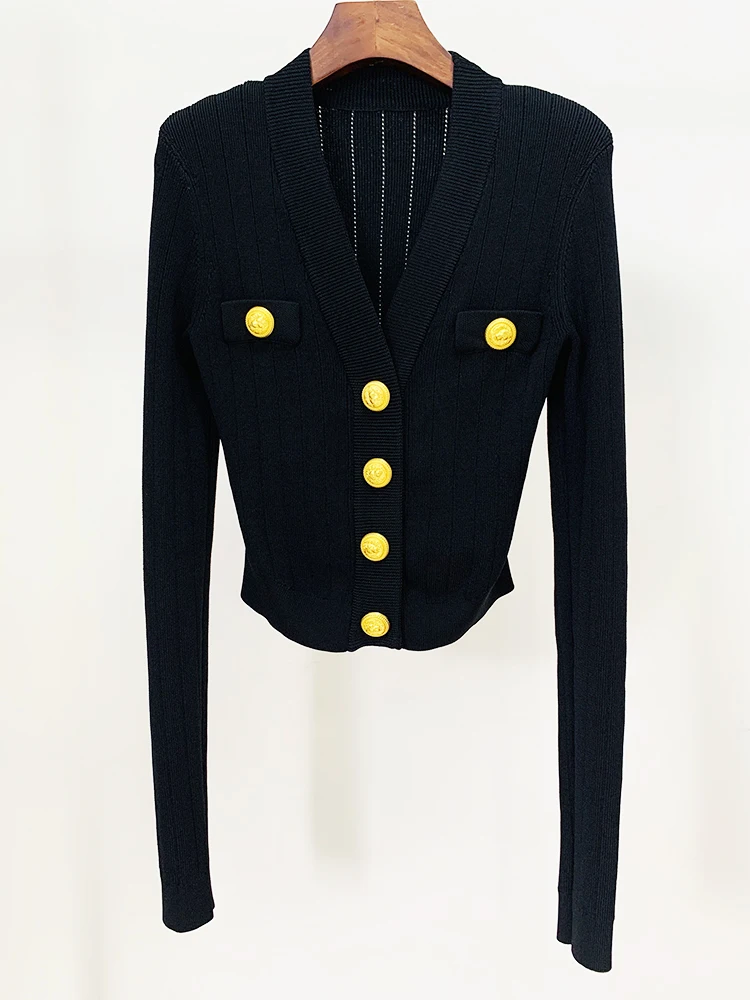 HIGH STREET Newest 2024 F/W Designer Jacket Women Lion Buttons V-neck Crop Knitted Cardigan