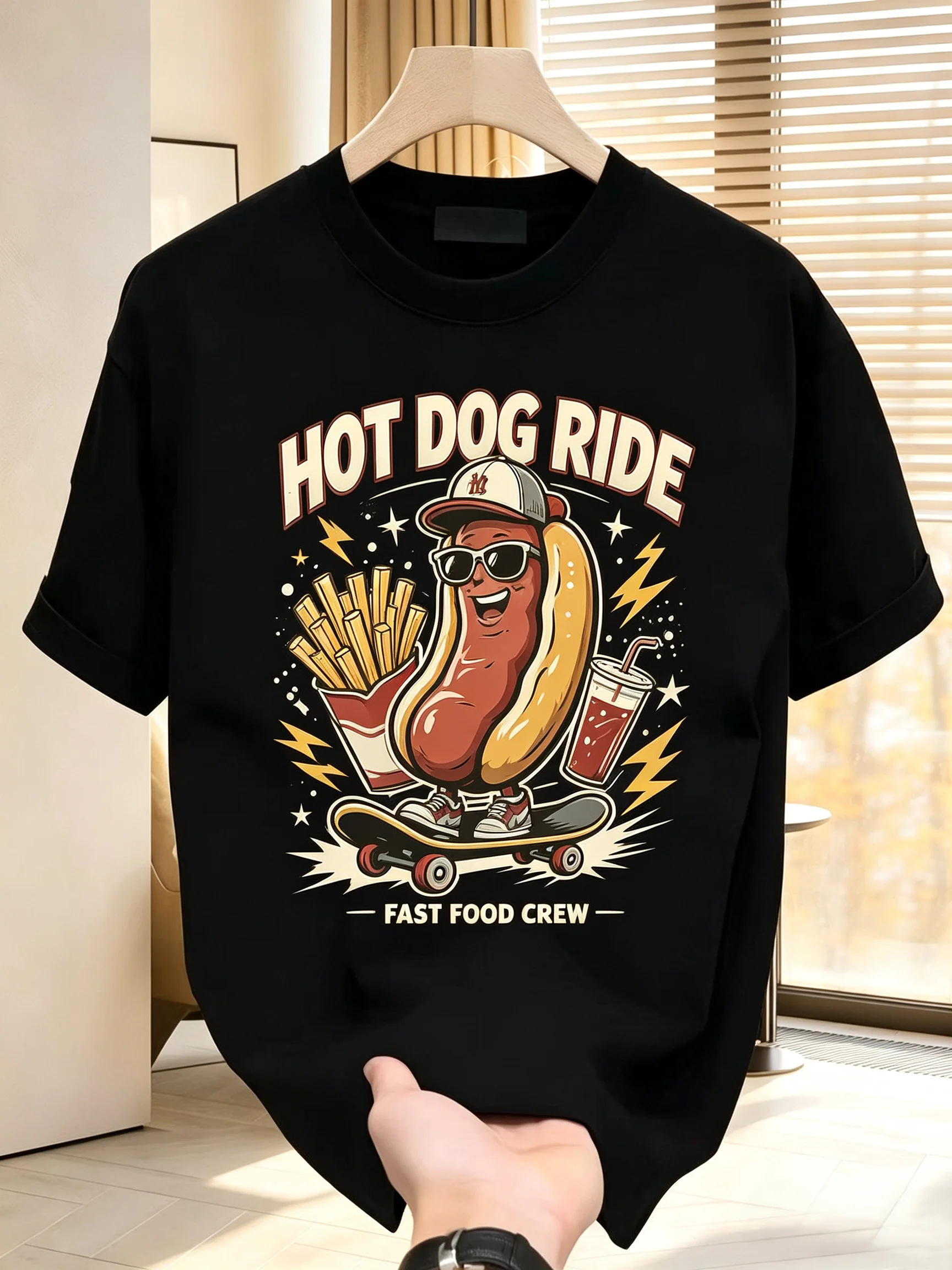 Unisex HOT DOG RIDE Skateboard Hot Dog Graphic T Shirt Men Women Funny Fast Food Cartoon Short Sleeve Black Casual Tee