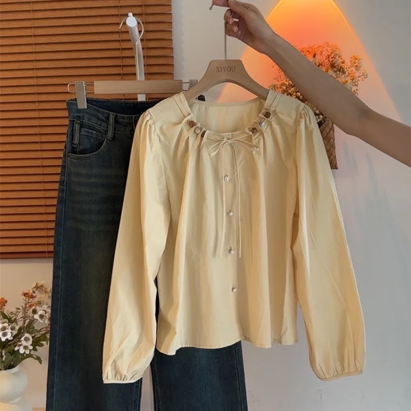 

Nice Female Spring Summer Korean Simplicity Drawstring Solid Color Women Shirts Button Fashionable Loose Cotton Long Sleeve Top