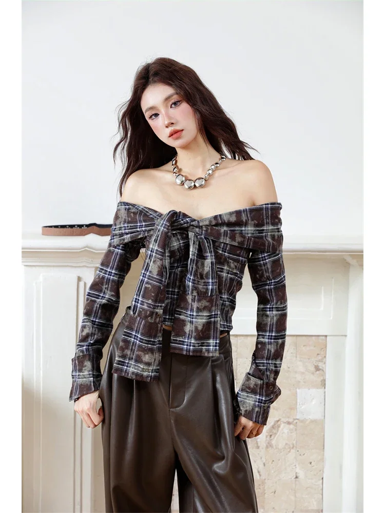 

Women's Brwon Plaid Shirts Blouses Vintage Korean Harajuku 90s Y2k 2000s Elegant Off Shoulder Long Sleeve Shirt Top Clothes 2023