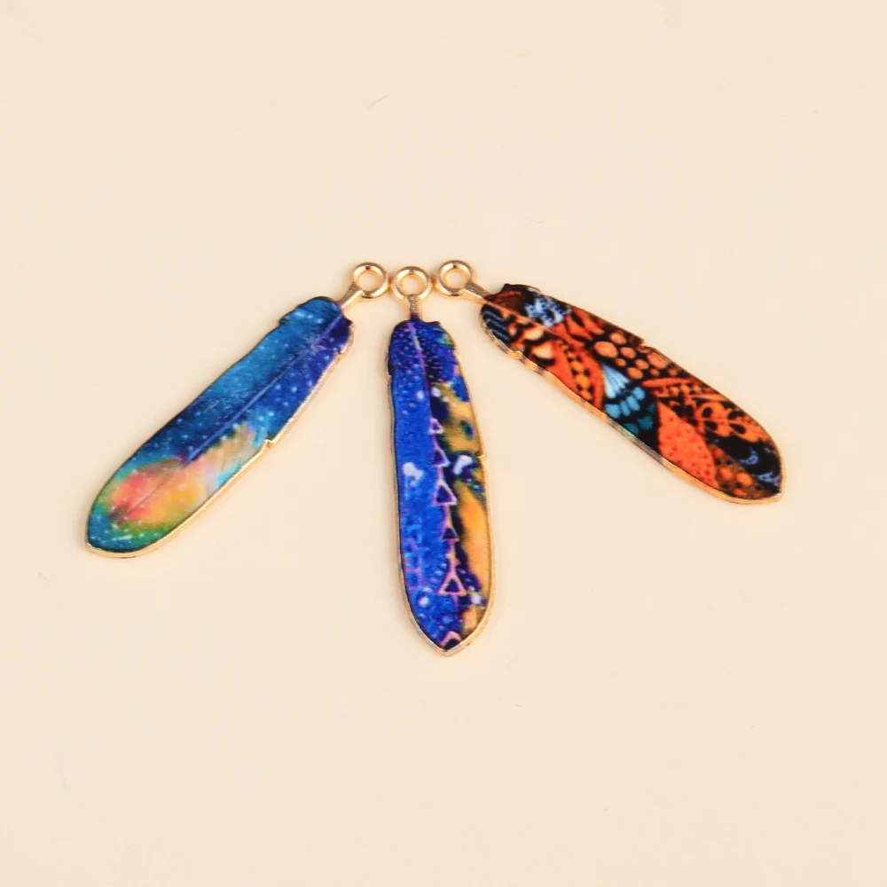 10Pcs Bohemian Ethnic Style Charms Colorful Enamel Feather Alloy Pendant For Women\'s DIY Earrings Jewelry Craft Alloy Accessorie