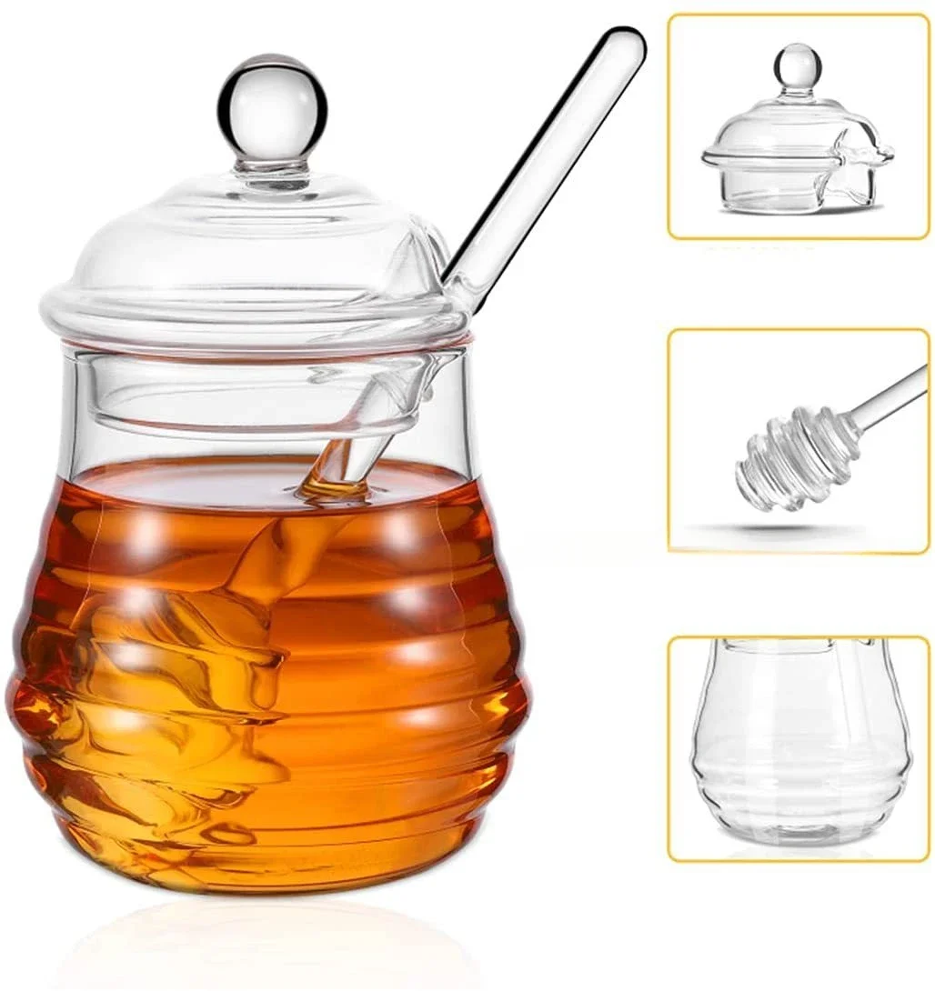 Glass Honey Jar Clear Glass Honey Pot with Dipper Spoon Small Kitchen Storage Bottle Jar Honey Server Container for Syrup