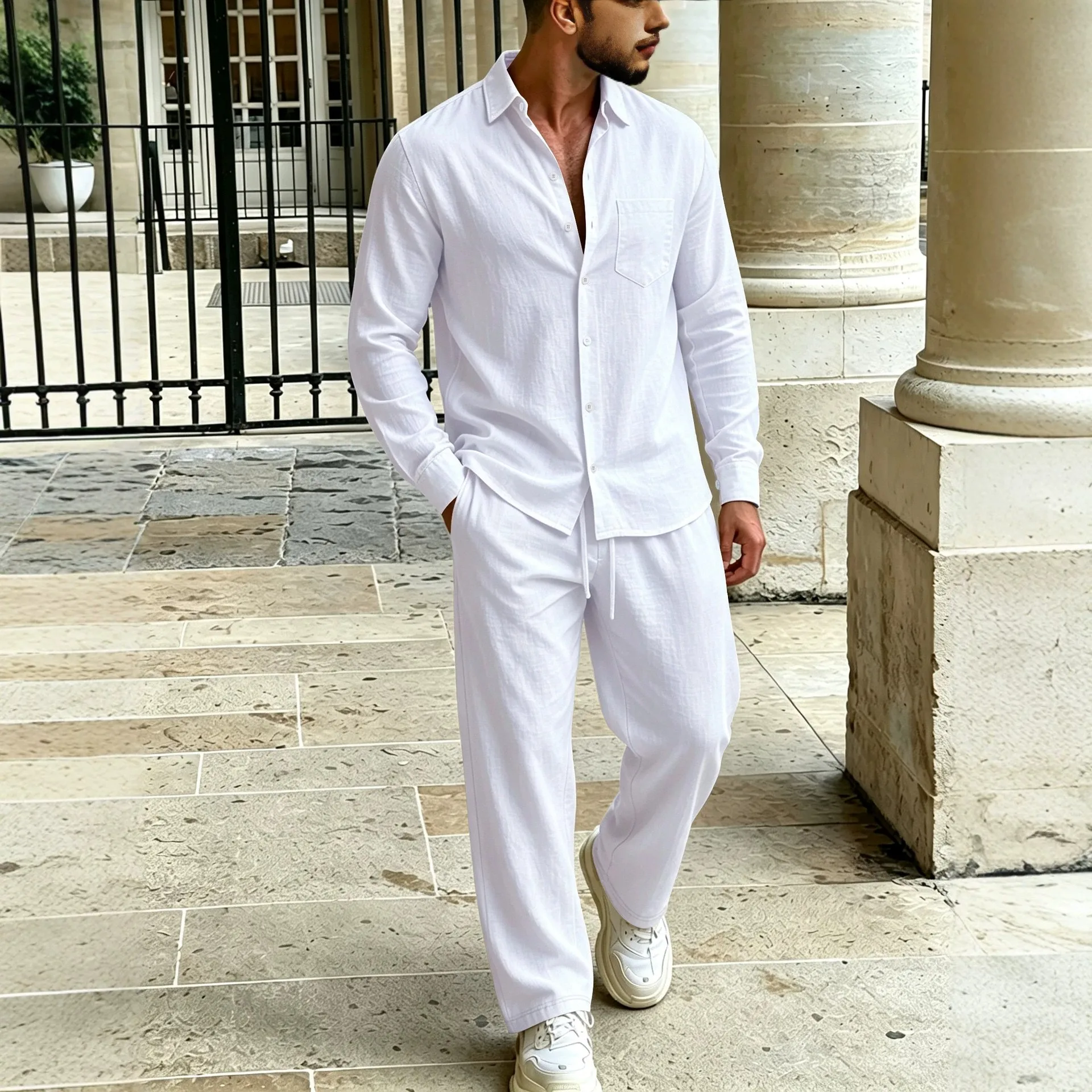 MenCotton Linen Two Piece Outfit Spring Autumn Loose Fit Long Sleeve Button Down Shirt Straight Trousers Casual Daily Beach Suit