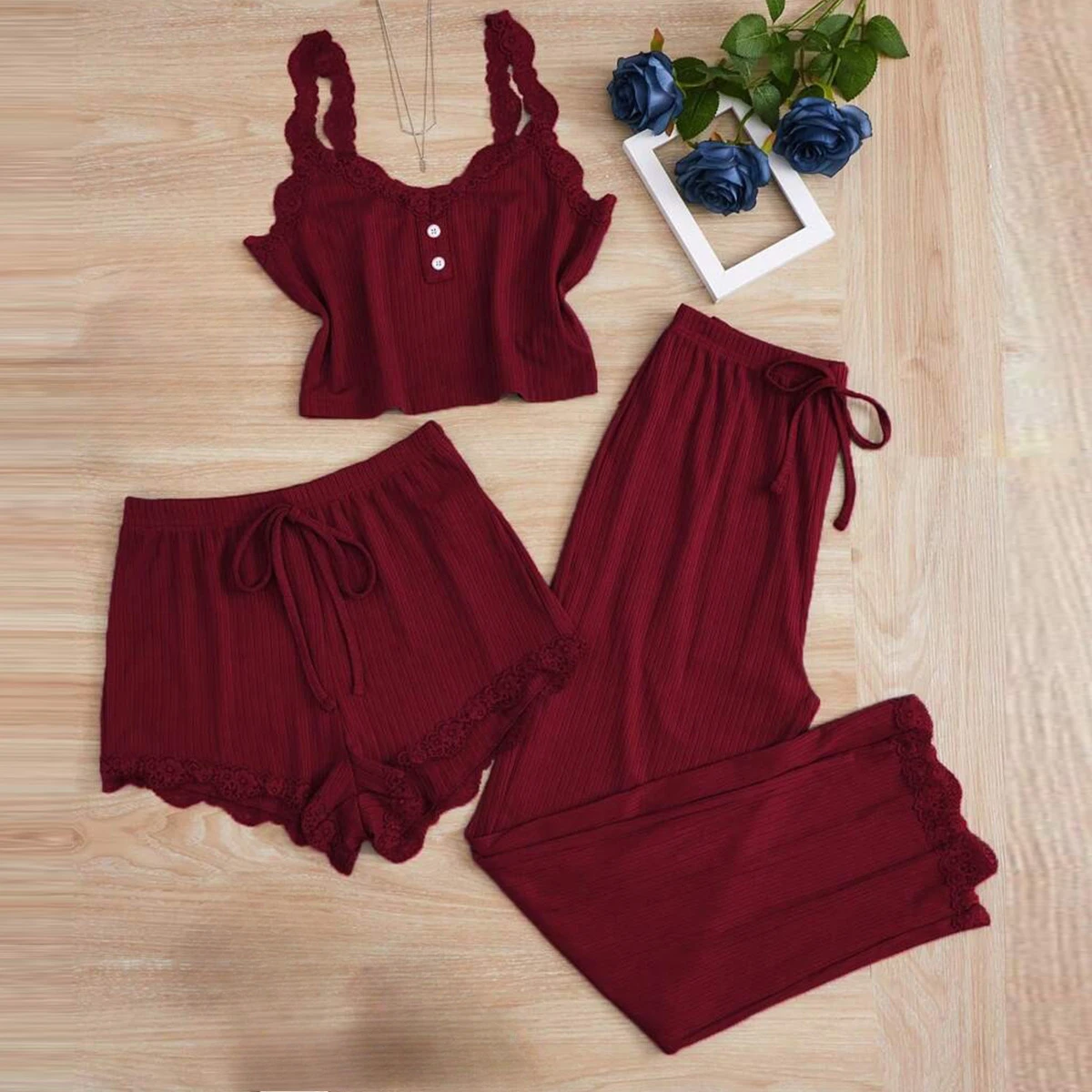 

2025 summer Three Piece Women solid Vest Shorts and Pants Paired with Lace splicing for Home Casual Women's sexy Sleepwear Set