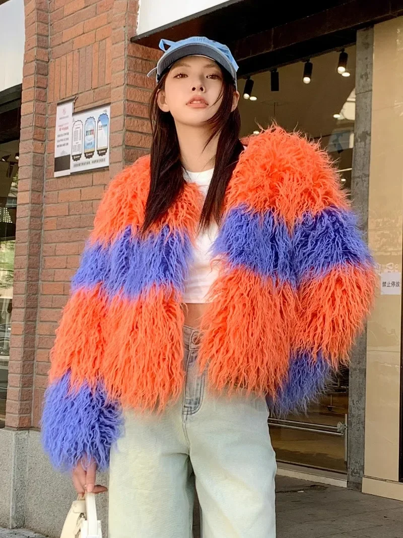 Autumn Winter Popular Contrasting Color Fur Coat Women's Imitation Beach Sheep Wool Short Colorful Long Sleeves Jaqueta Feminina