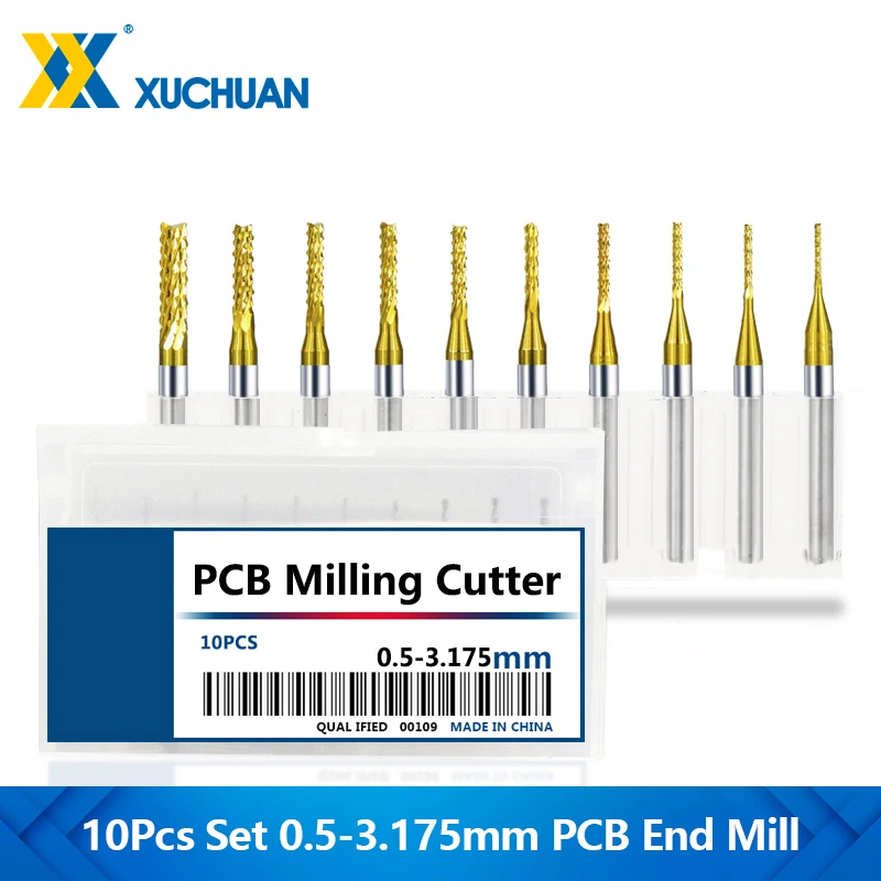 

CNC Router Bit 0.5-3.175mm PCB Milling Cutter 10pcs Titanium Coated Tungsten Carbide Corn End Mill for PCB Machine Milling Tool