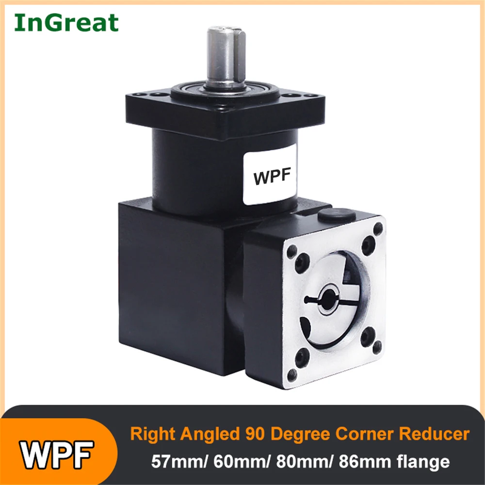 

Corner Reducer Right Angled 90 Degree Angle Planetary Gearbox Ratio 3 To 1-216 To 1 for 57mm/60/80/86mm Flange Servo Stepper