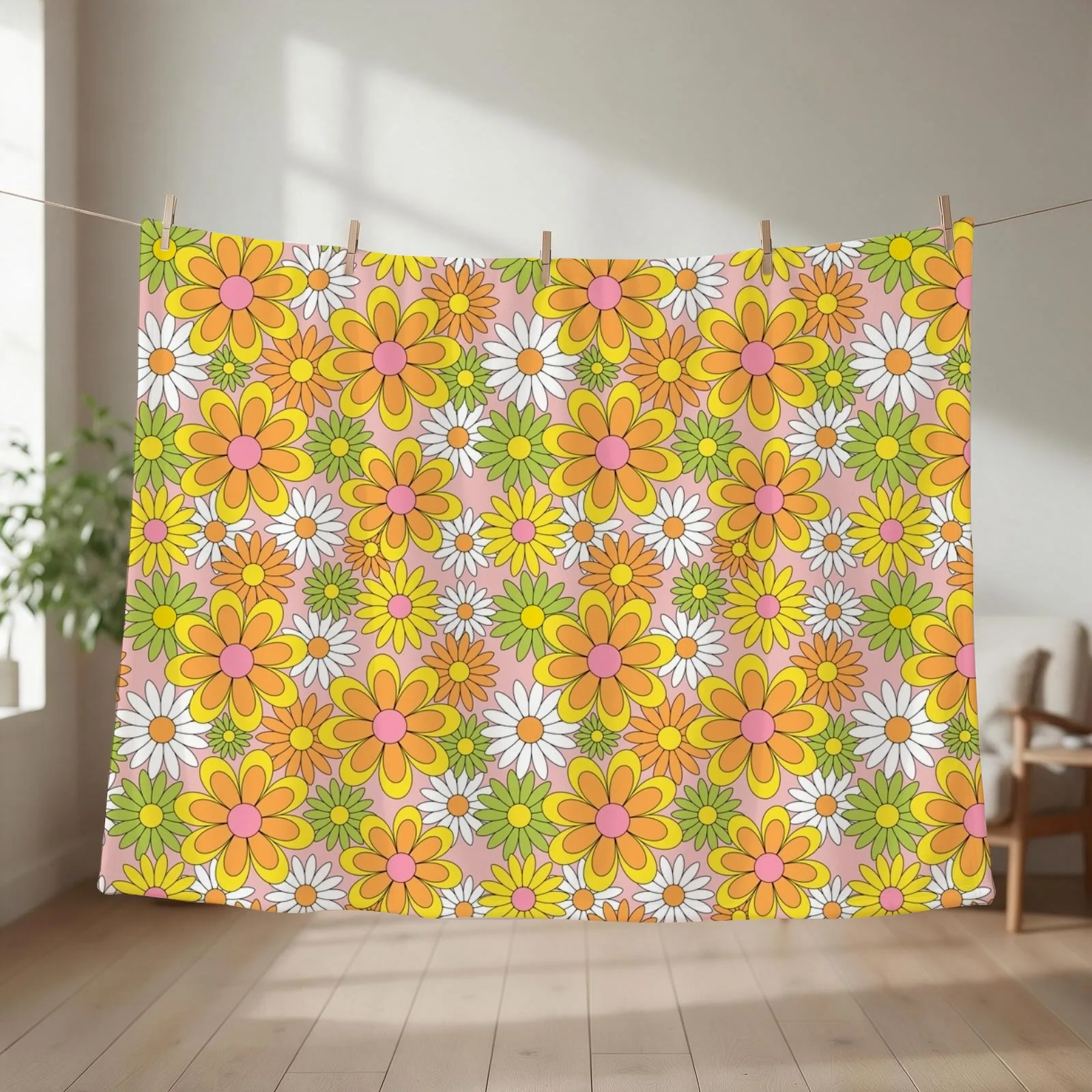 Vintage 70s Flower Power Orange, Pink & Yellow Retro Daisy Throw Blanket couch cozy soft plush fuzzy picnic outdoor blanket