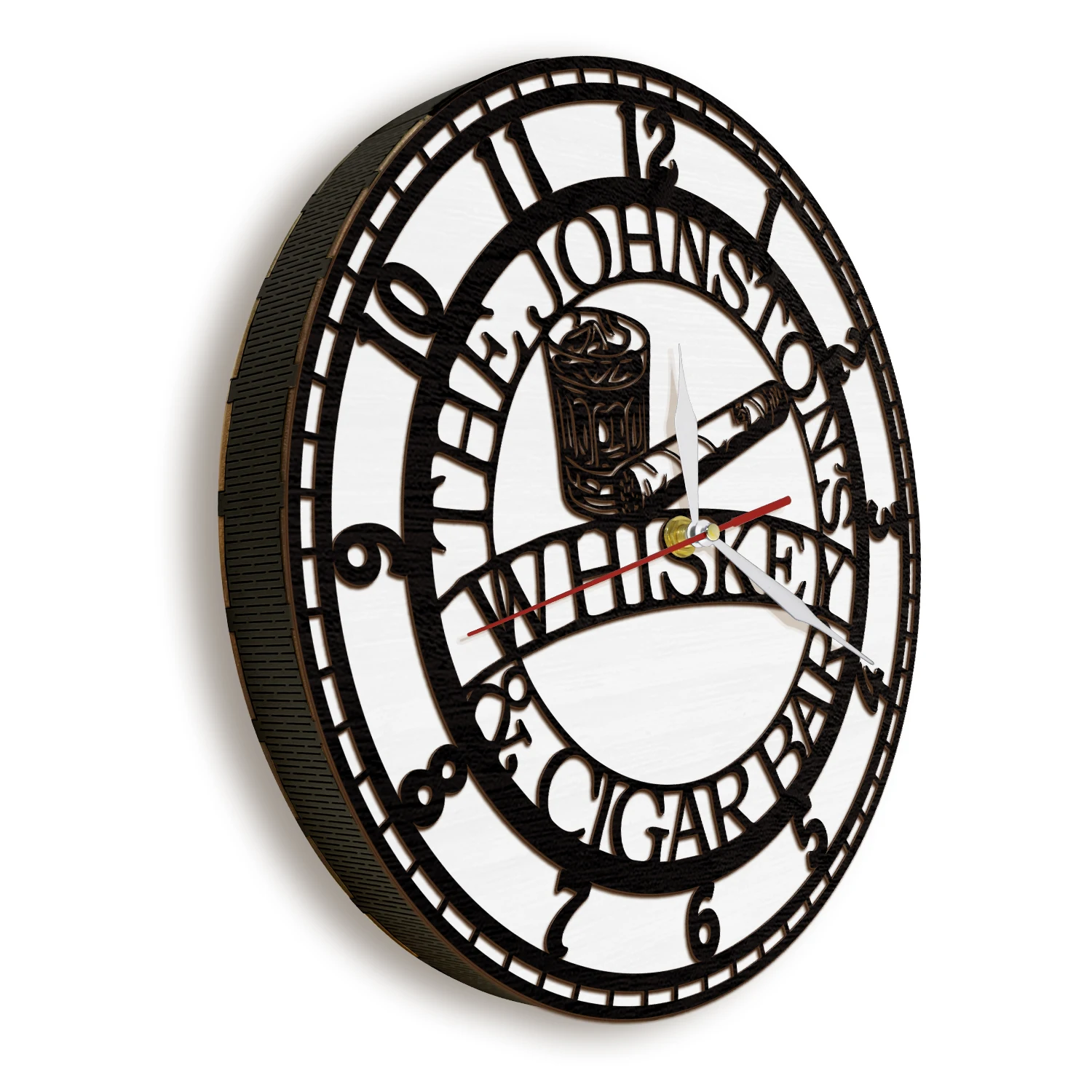 Vintage Home Bar LED Lighting Wall Clock with Customized Name For Man Cave Pub Lounge Whiskey Cigar Silhouette Wooden Wall Clock