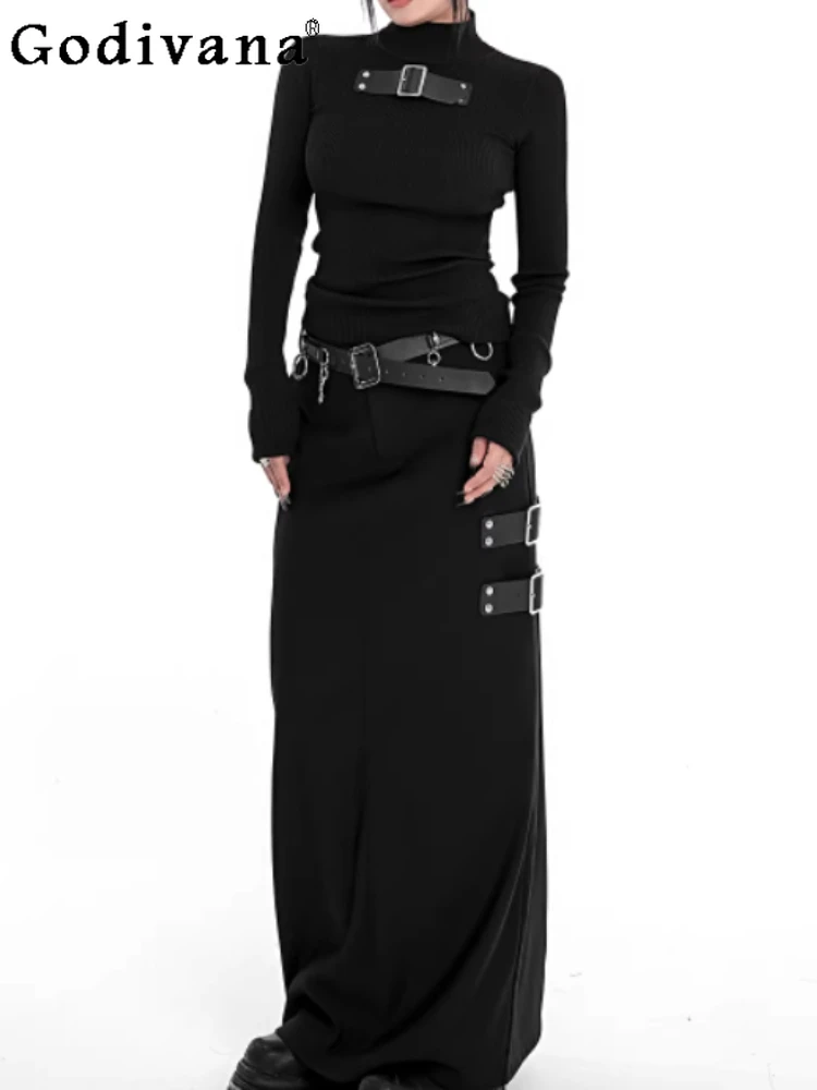 

Spring Autumn Fashion Suit Fabric Black Elegant Skirt Sexy Low Waist Versatile Temperament A-line Street Girls Handsome Skirts